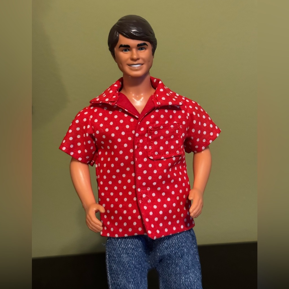 Handcrafted red and white polka dot doll shirt